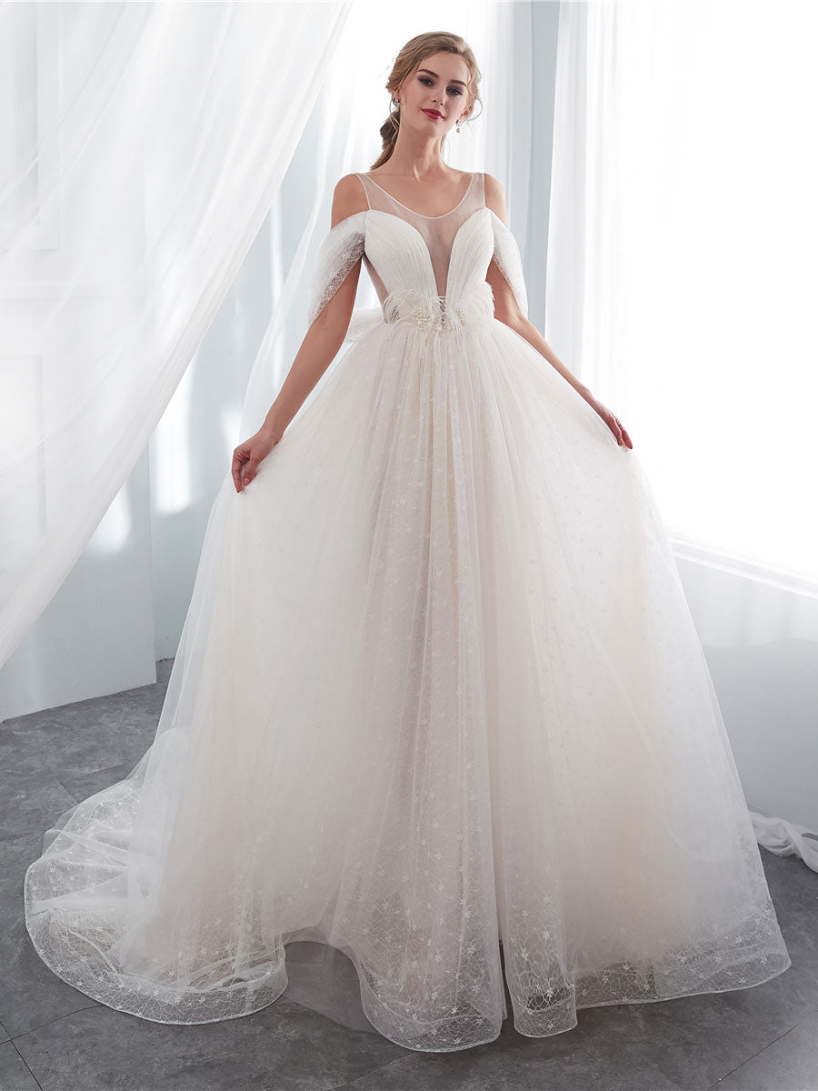 Light Champagne Tulle Lace Long Beach Wedding Dress Bridal Dresses