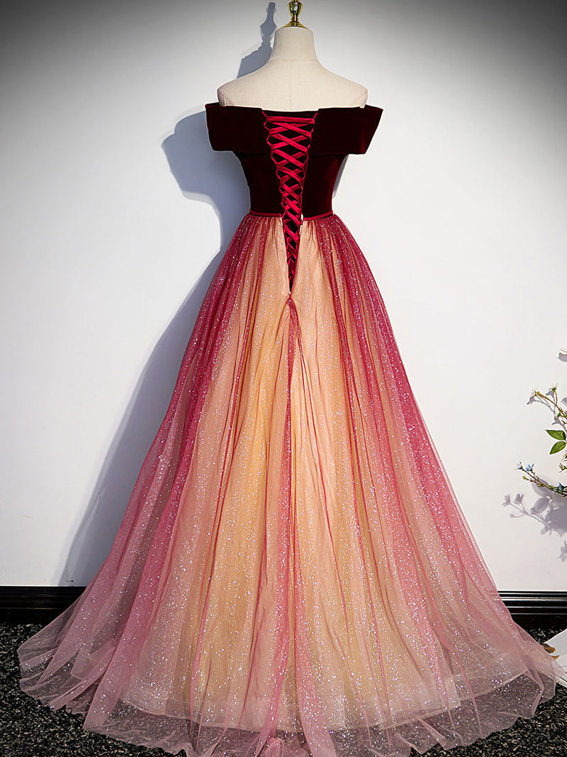 Burgundy Aline Tulle Sequin Long Prom Dress, Velvet Burgundy Formal Pa – shopluu