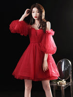 Red Sweetheart Neck Tulle Short Prom Dress, Puffy Red Homecoming Dresses