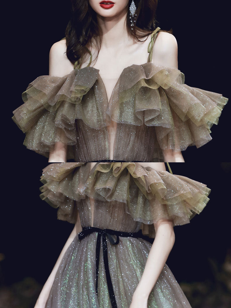 A-Line Tulle Off Shoulder Long Prom Dress, Tulle Sequin Evening Dresses