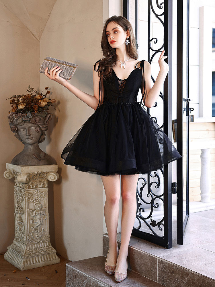 Cute V Neck Tulle Black Short Prom Dress, Black Homecoming Dresses