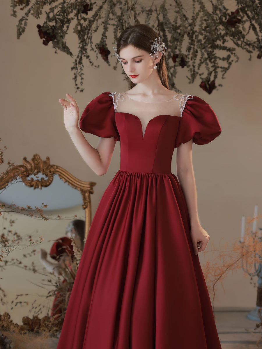 Burgundy A line Satin Long Prom Dress, Burgundy Sweet 16 Dress – shopluu