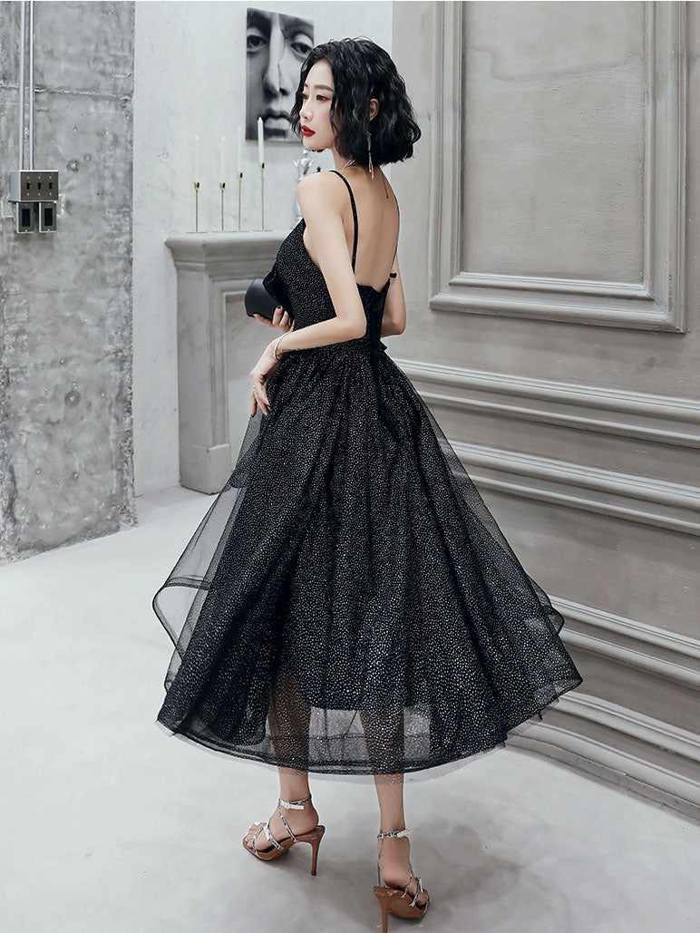 V Neck Tulle Sequin Short Black Prom Dresses, Black Tulle Homecoming Dresses