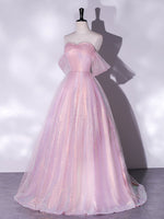 A-Line Sweetheart Neck Tulle Sequin Pink Long Prom Dress