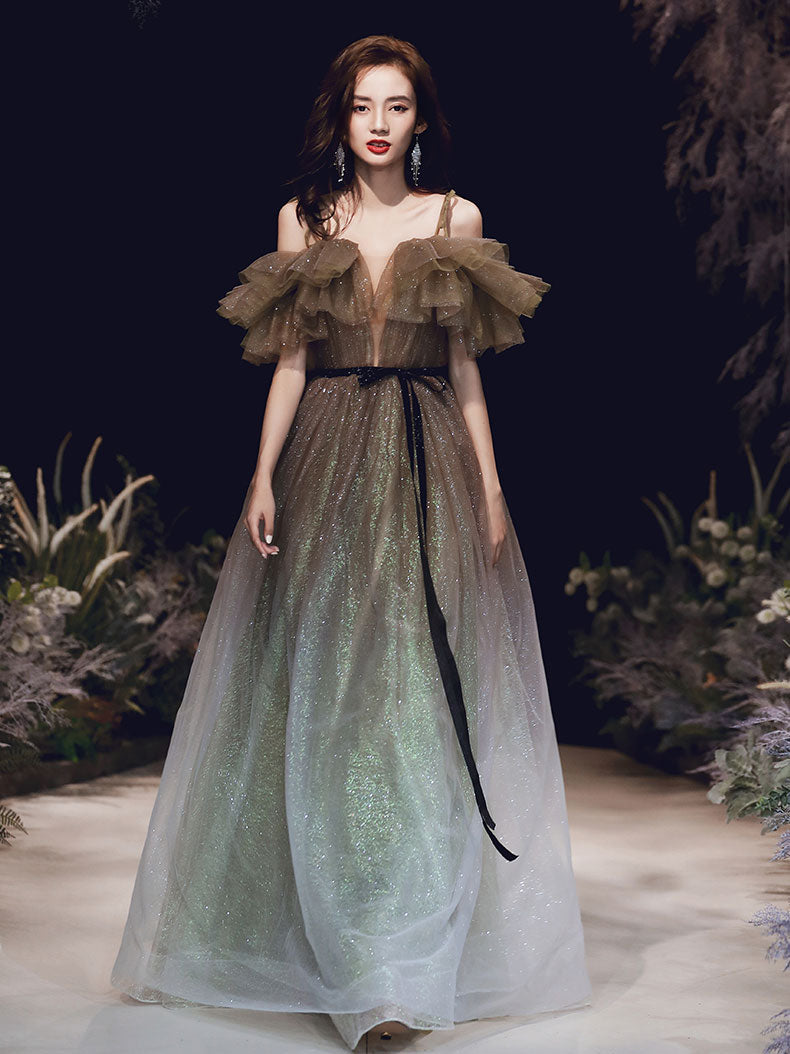A-Line Tulle Off Shoulder Long Prom Dress, Tulle Sequin Evening Dresses