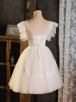 Light Champagne Round Neck Tulle Lace Short Prom Dress, Puffy Homecoming Dress