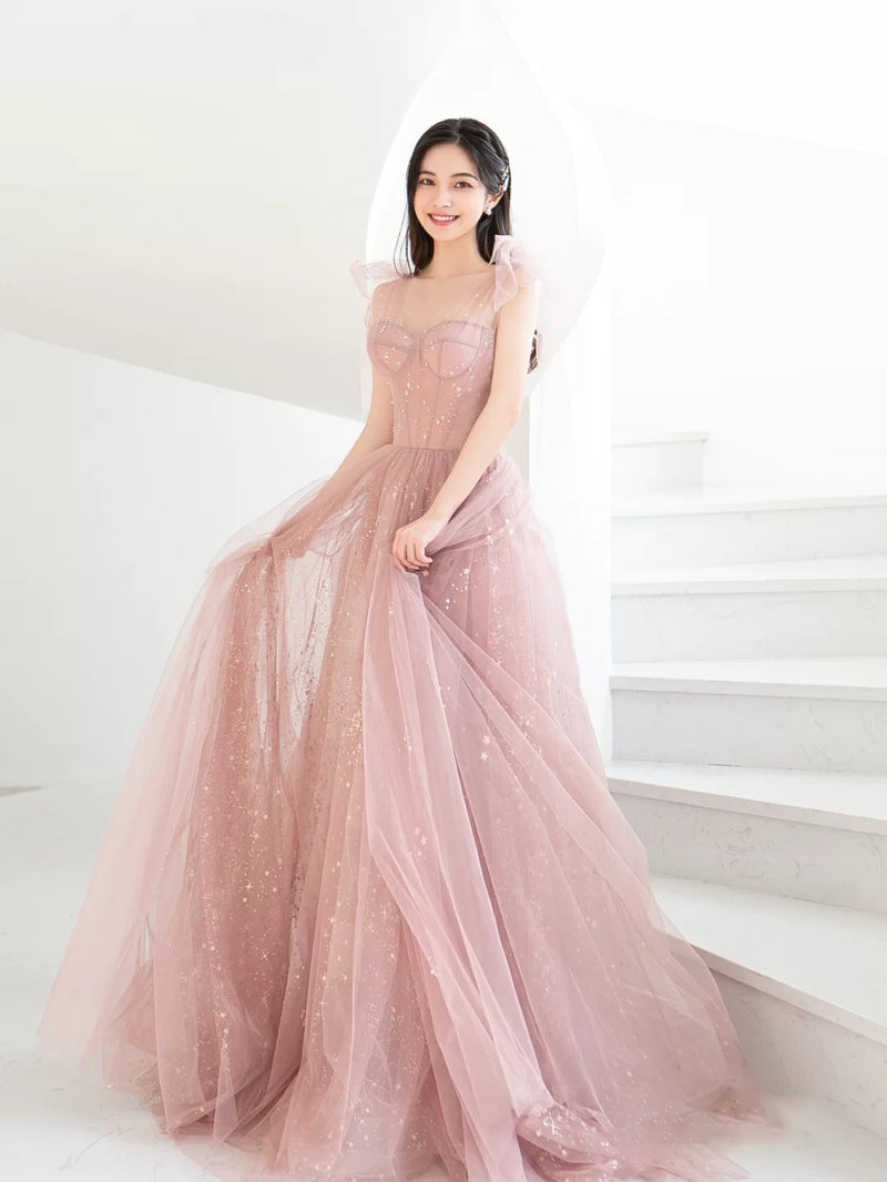 Simple Pink A Line Tulle Long Prom Dress, Pink Tulle Formal Dress