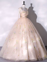 A-Line Tulle Lace Champagne Long Prom Dress, Champagne Formal Sweet 16 Dress