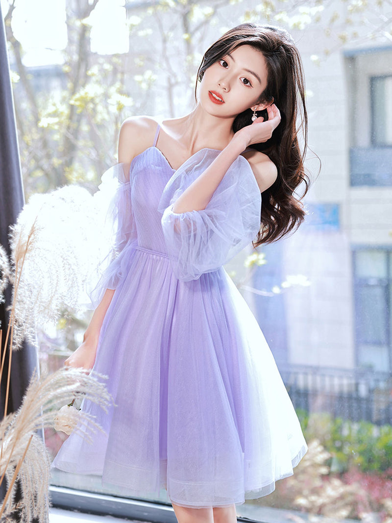 Purple Sweetheart Neck Tulle Short Prom Dress, Puffy Purple Homecoming Dresses