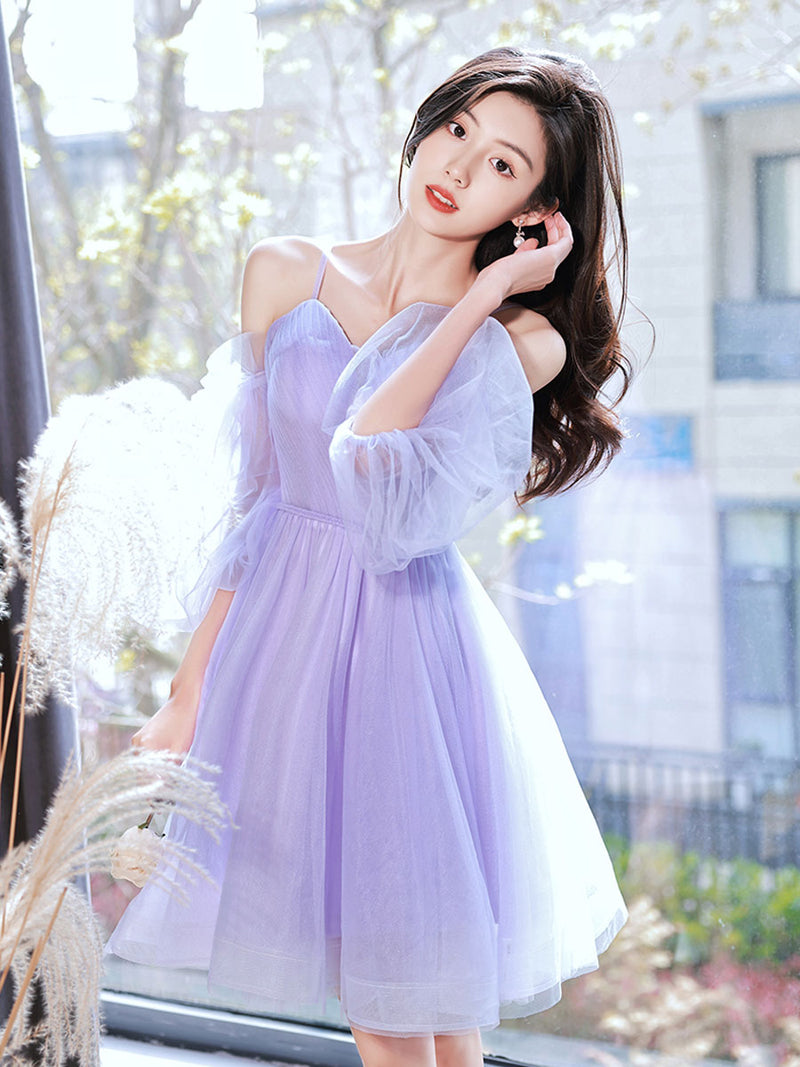 Purple Dress Best Prom Dresses For Short Girls A-Line Off Shoulder Tulle Lace Purple Short Purple Dress Best Prom Dresses For Short Girls A-Line Off Shoulder Tulle Lace Purple Short