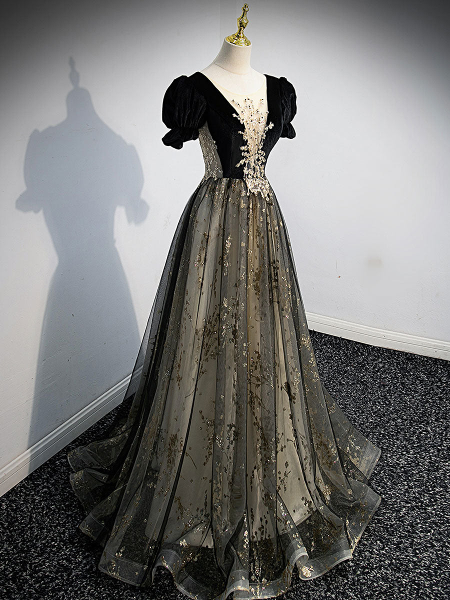 A line Velvet Tulle Lace Black Long Prom Dress, Black Formal Graduatio – shopluu