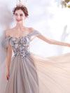 A-Line Off Shoulder Lace Champagne Long Prom Dress