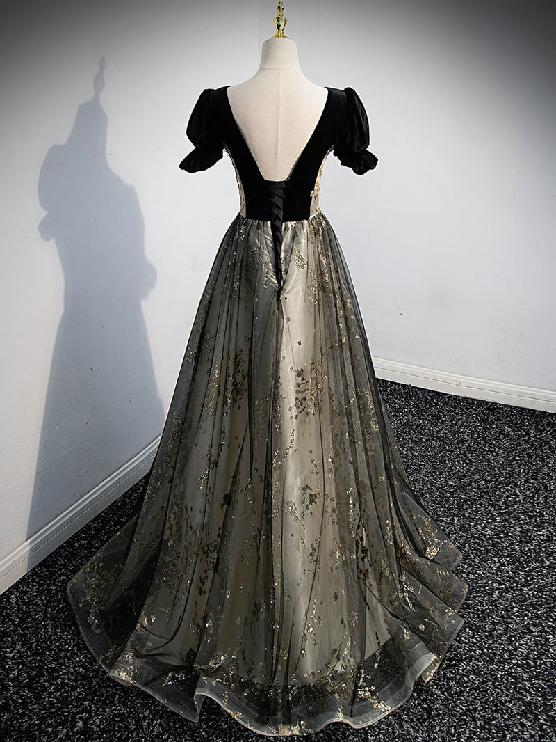 A line Velvet Tulle Lace Black Long Prom Dress, Black Formal Graduatio shopluu A line Velvet Tulle Lace Black Long Prom Dress, Black Formal Graduatio shopluu