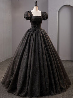Black Square Neckline Tulle Long Prom Dresses