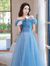 A-Line Off Shoulder Tulle Blue Long Prom Dress