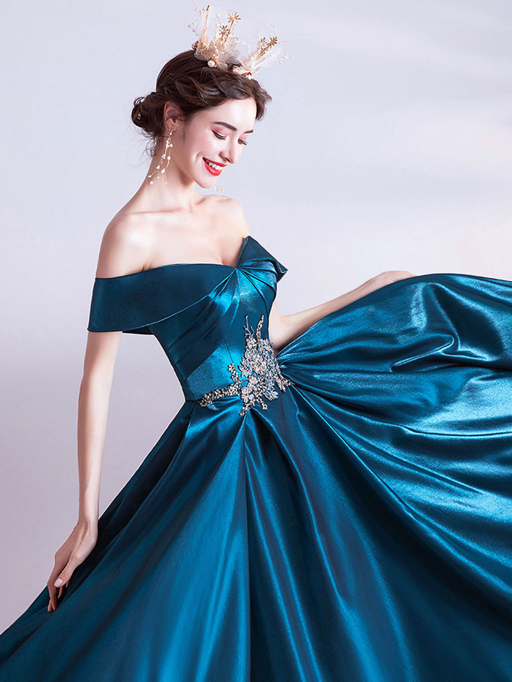 A-Line Sweetheart Neck Satin Blue Long Prom Dress, Blue Evening Dresses