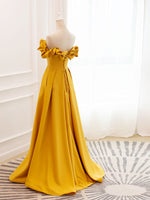 A-Line Off Shoulder Satin Yellow Long Prom Dress, Yellow Formal Evening Dress