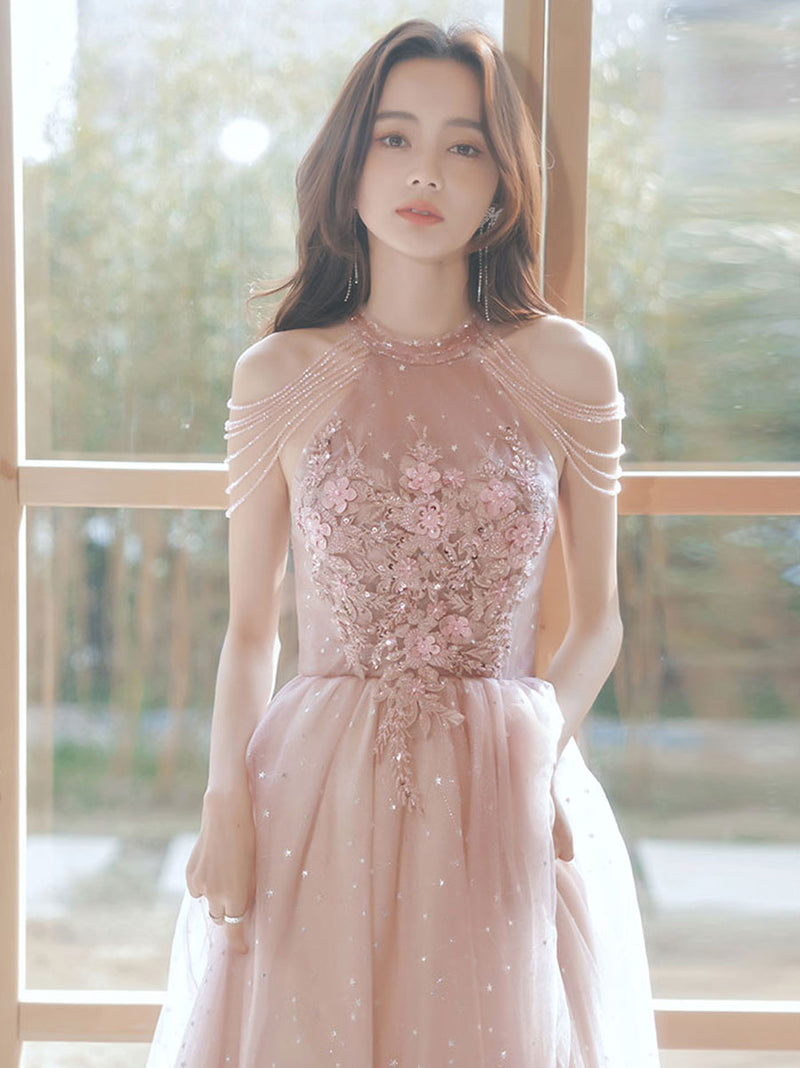 Unique Pink Tulle Lace Tea Length Prom Dress, Pink Tulle Formal Dresses