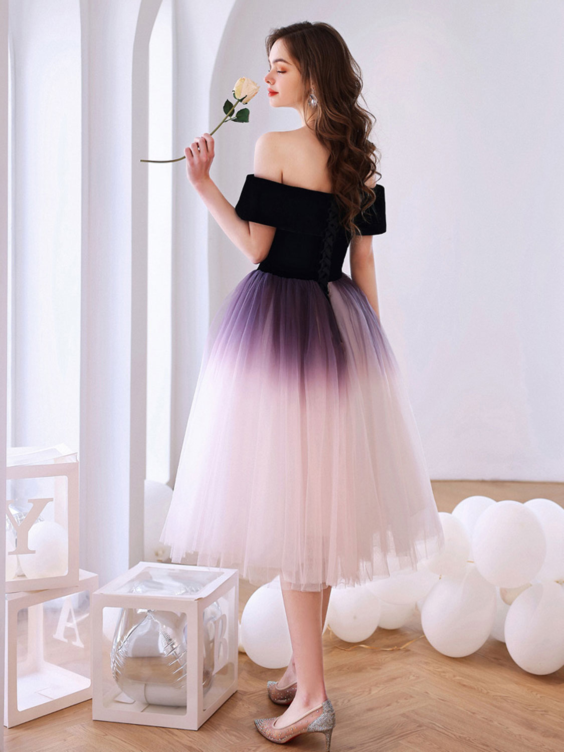 Purple Off Shoulder Tulle Short Puffy Prom Dresses, Puffy Purple Homec – shopluu