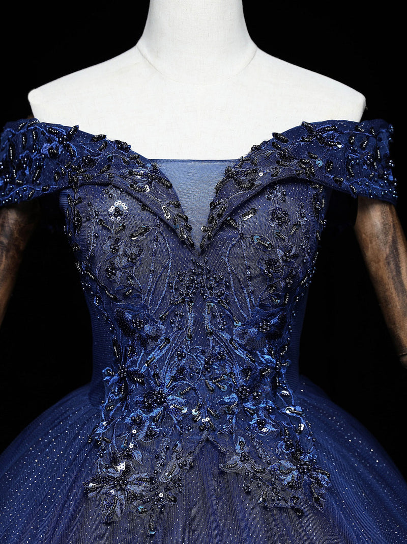 Dark Blue Off Shoulder Tulle Lace Long Prom Gown, Blue Sweet 16 Dress shopluu Dark Blue Off Shoulder Tulle Lace Long Prom Gown, Blue Sweet 16 Dress shopluu