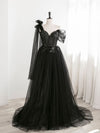 Black A line one Shoulder Tulle Long Prom Dresses, Black Tulle Formal Dresses