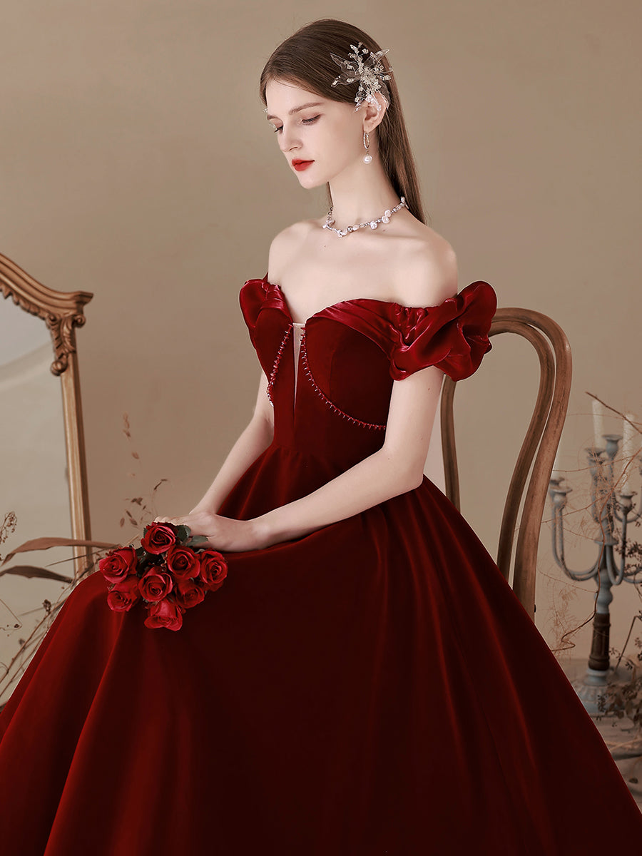 Simple Velvet Tea Length Prom Dresses, Burgundy Velvet Evening Dresses – shopluu