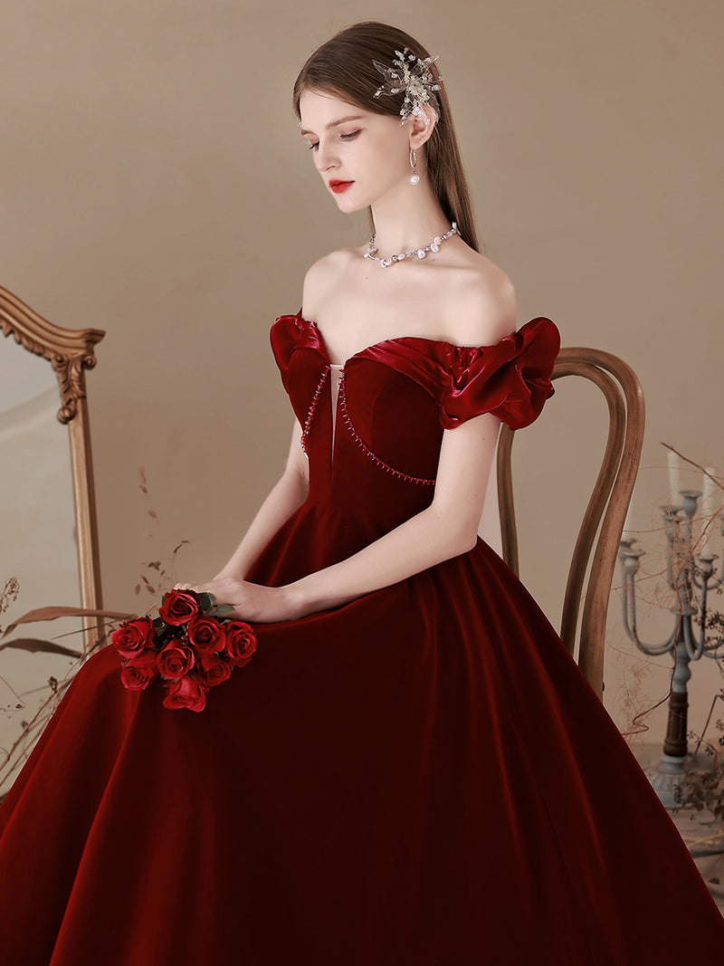 A-Line Off Shoulder Velvet Burgundy Long Prom Dresses, Burgundy Formal Evening Dress