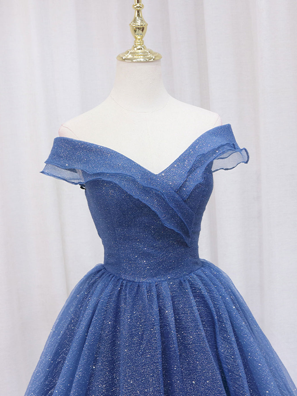 A-Line Off Shoulder Dark Blue Long Prom Dress, Shiny Tulle Long Graduation Dress