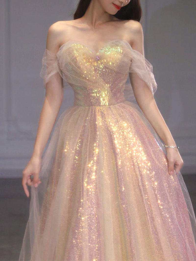 graduation dress off shoulder A Line Tulle Sequin Long Prom Dress, Off Shoulder Formal Graduation Dr – shopluu