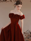 A-Line Off Shoulder Velvet Burgundy Long Prom Dress, Burgundy Evening Dresses