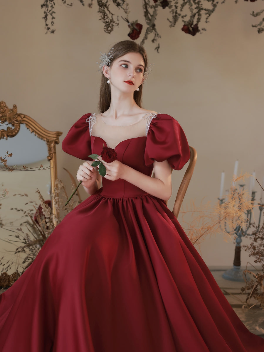 Burgundy A line Satin Long Prom Dress, Burgundy Sweet 16 Dress – shopluu