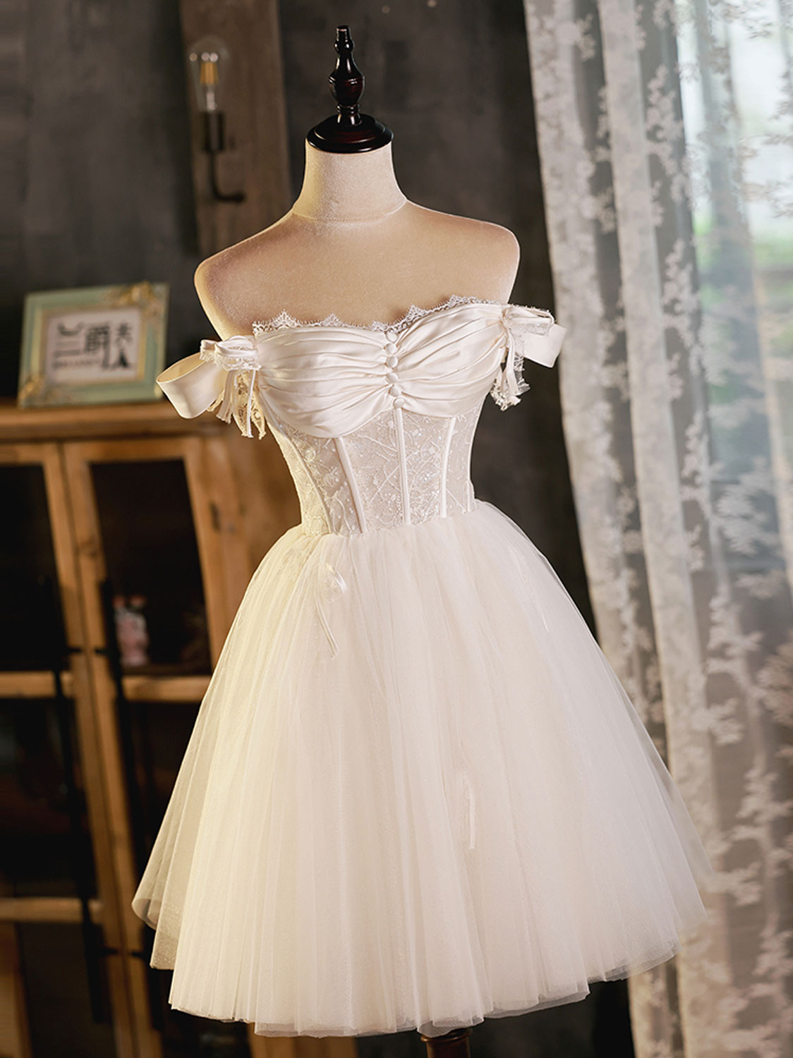 Cute Light Champagne Tulle Lace Short Prom Dress,Tulle Homecoming Dress