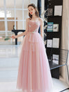 Pink Tulle A line Long Prom Dress, Pink Tulle Evening Dresses
