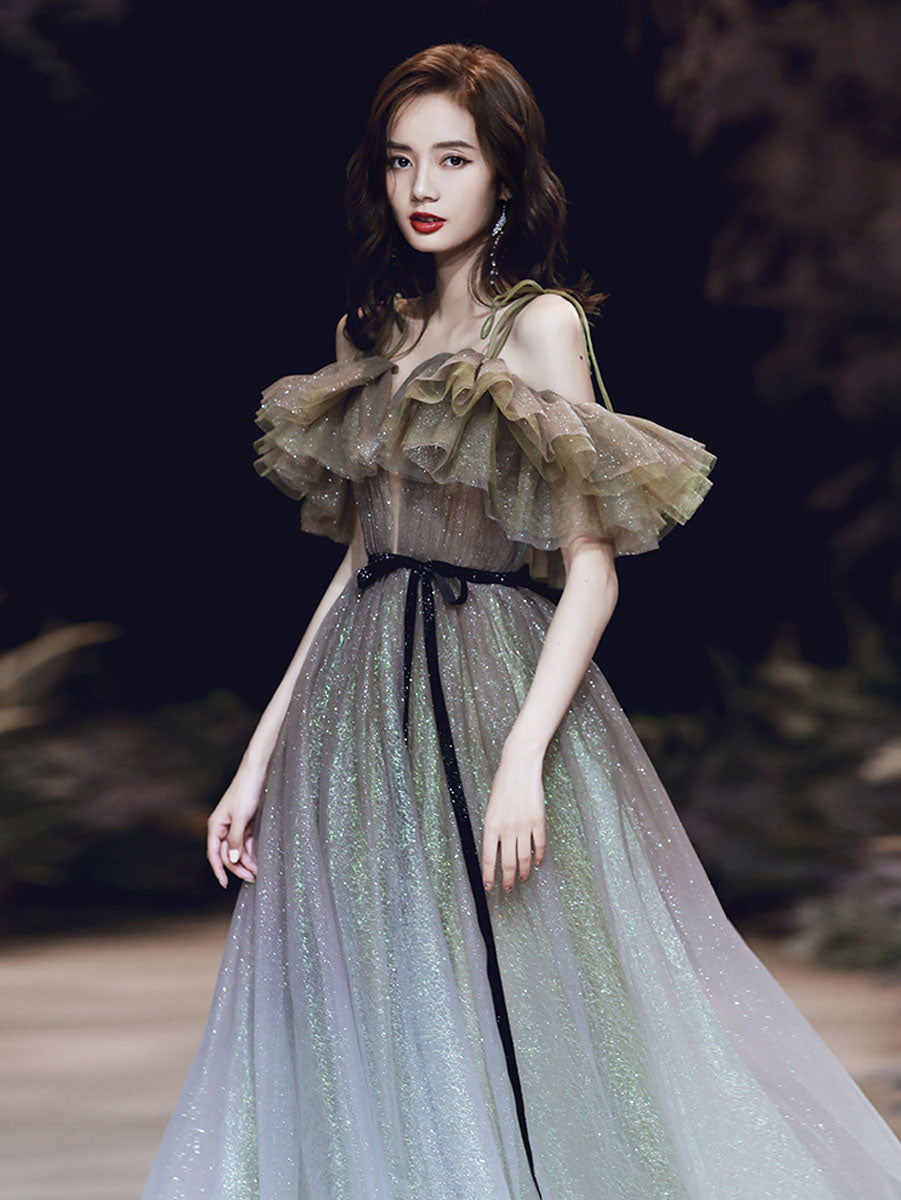 A-Line Tulle Off Shoulder Long Prom Dress, Tulle Sequin Evening Dresses
