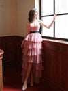 Pink V Neck High Low Long Prom Dress, Pink Tulle Formal Graduation Dresses