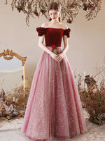 A-Line Burgundy Tulle Long Prom Dress, Burgundy Evening Dress with Velvet