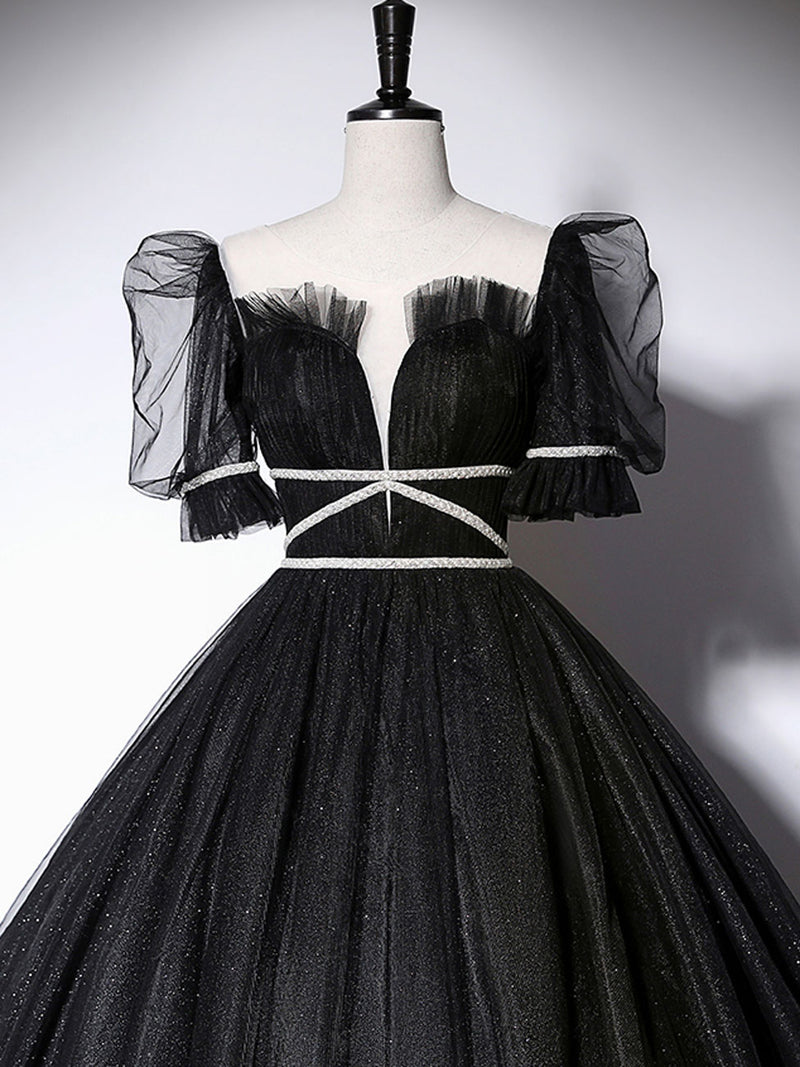 Black Scoop Neckline Long Prom Dress, Shiny Tulle Black Evening Dress