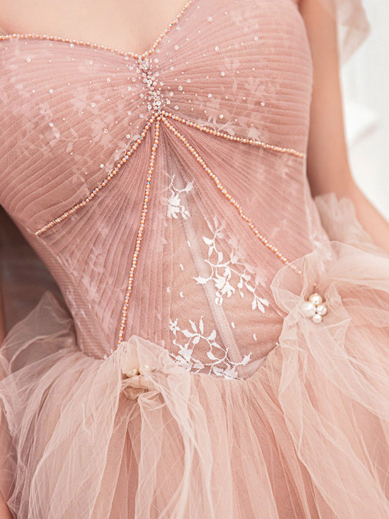 Pink Sweetheart Neck Tulle Long Prom Dress, Pink Sweet 16 Dress