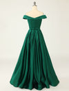 A-Line Green Off Shoulder Long Prom Dresses