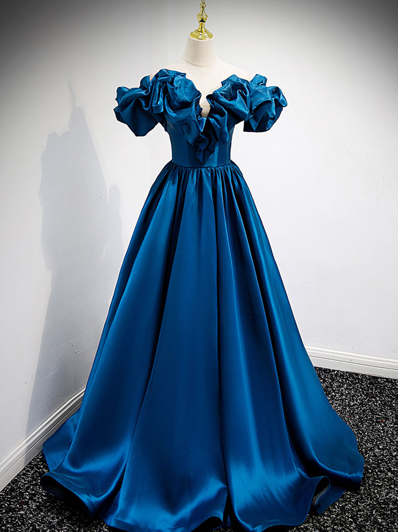 A-Line Off Shoulder Satin Blue Long Prom Dress, Blue Evening Dresses