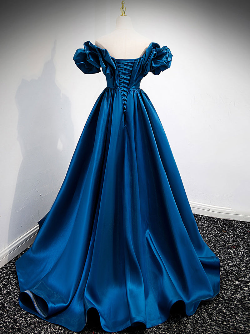 A-Line Off Shoulder Satin Blue Long Prom Dress, Blue Evening Dresses – shopluu