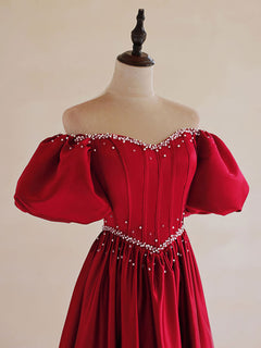 A-Line Burgundy Satin Puff Sleeves Long Prom Dress