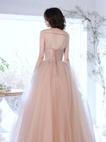 A Line Off Shoulder Pink Long Prom Dress, Pink Graduation Dress with Beading Lace