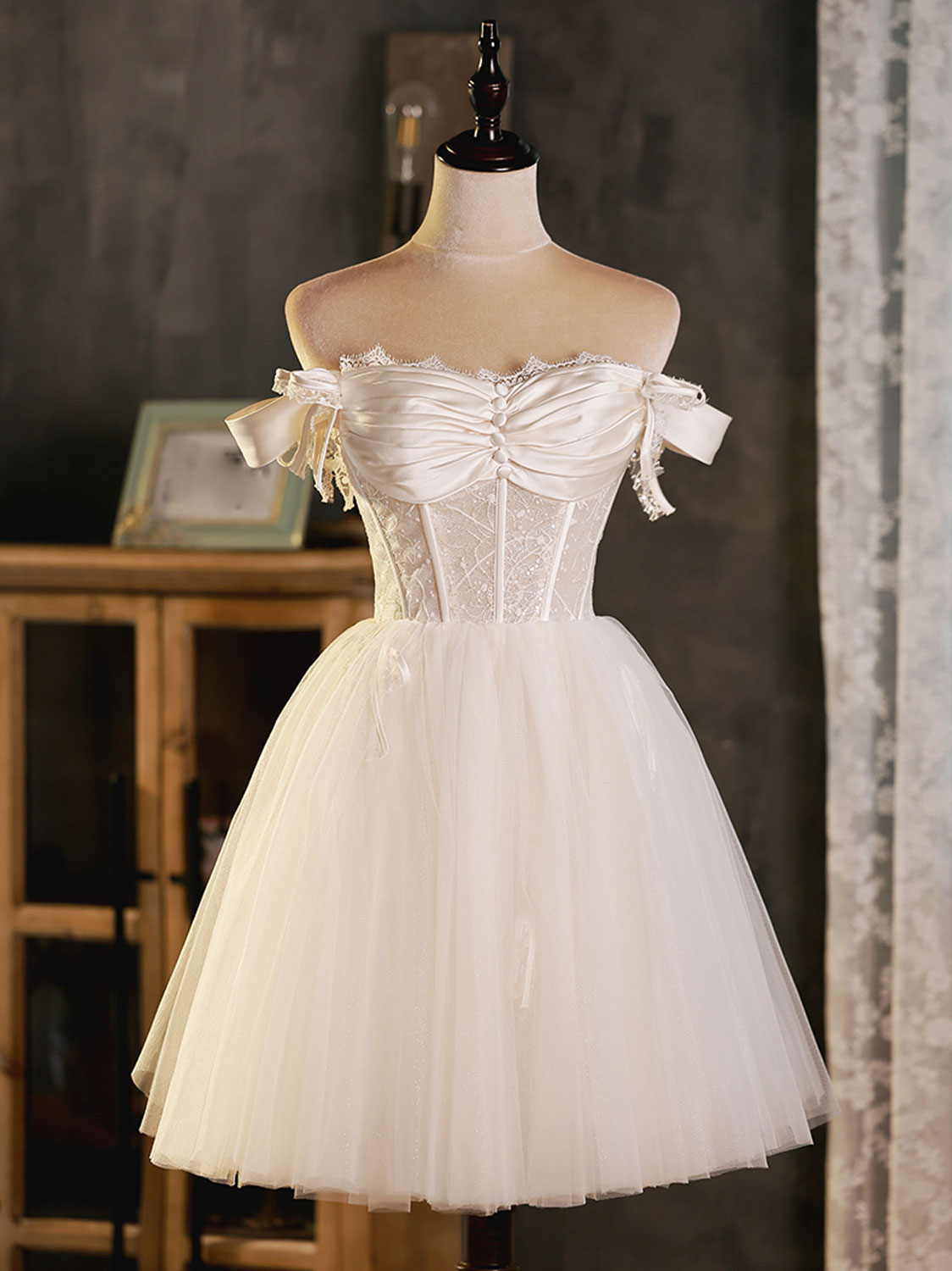 Cute Light Champagne Tulle Lace Short Prom Dress,Tulle Homecoming Dress