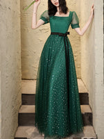 Green A line Long Prom Dress, Green Tulle Long Formal Dress