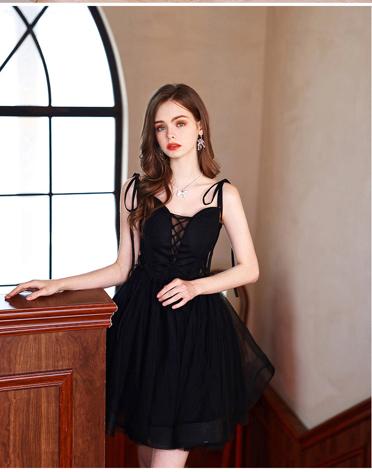 Cute V Neck Tulle Black Short Prom Dress, Black Homecoming Dresses