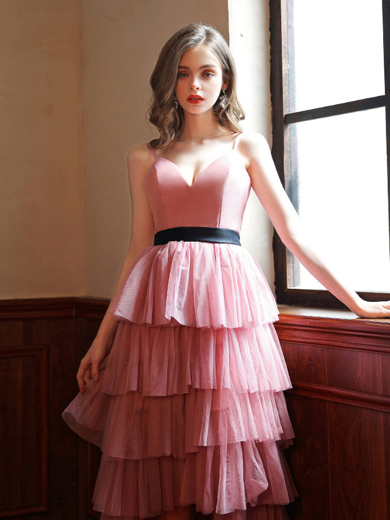 Pink V Neck High Low Long Prom Dress, Pink Tulle Formal Graduation Dresses Custom Size / Custom Color Pink V Neck High Low Long Prom Dress, Pink Tulle Formal Graduation Dresses Custom Size / Custom Color