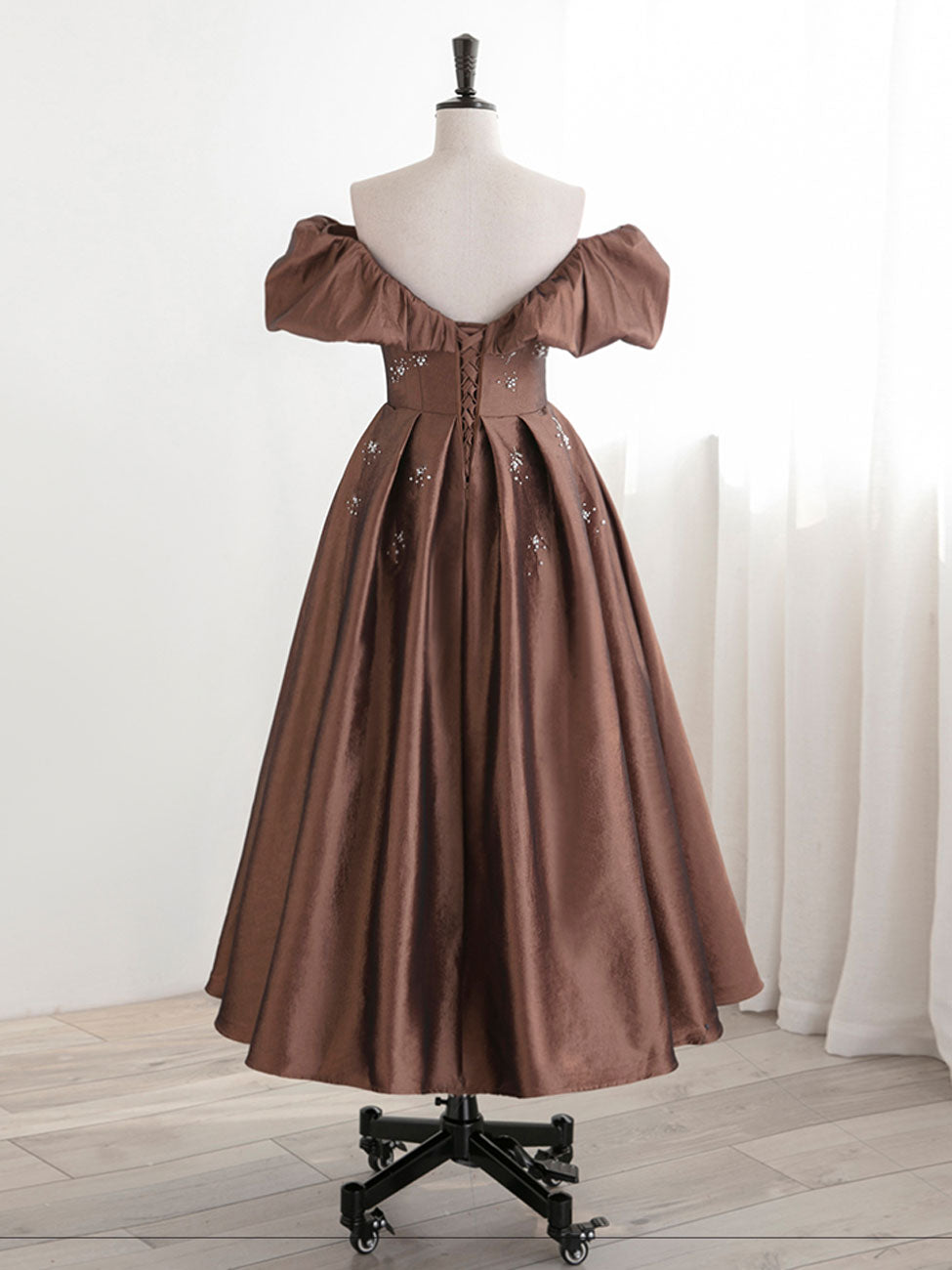 A-Line Tea length Brown Prom dresses, Off Shoulder Brown Formal Dress with Beading US 8 / Brown A-Line Tea length Brown Prom dresses, Off Shoulder Brown Formal Dress with Beading US 8 / Brown
