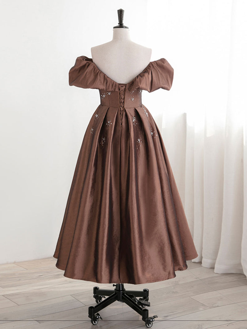 A-Line Tea length Brown Prom dresses, Off Shoulder Brown Formal Dress shopluu A-Line Tea length Brown Prom dresses, Off Shoulder Brown Formal Dress shopluu