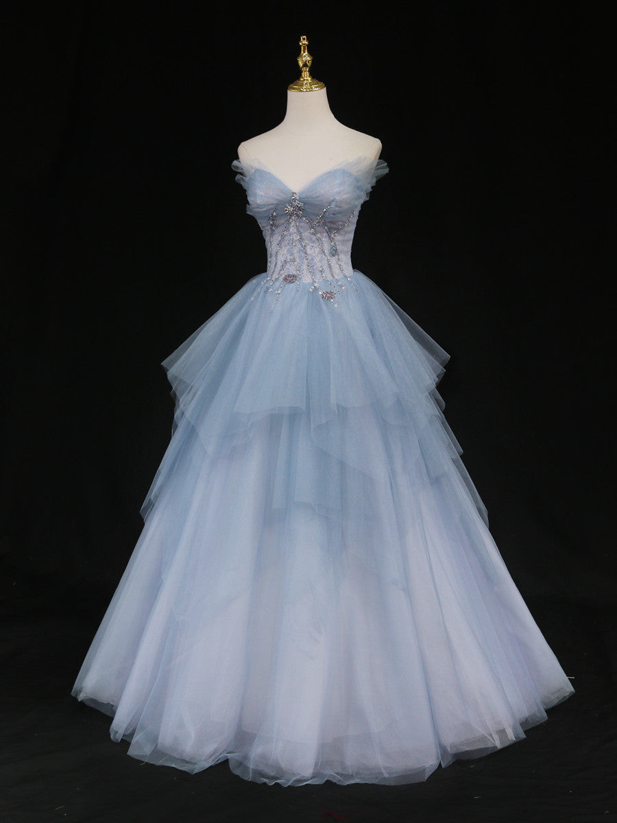 Blue Grad Dress Blue Sweetheart Neck Tulle Long Prom Gown, Blue Long Formal Graduation ...